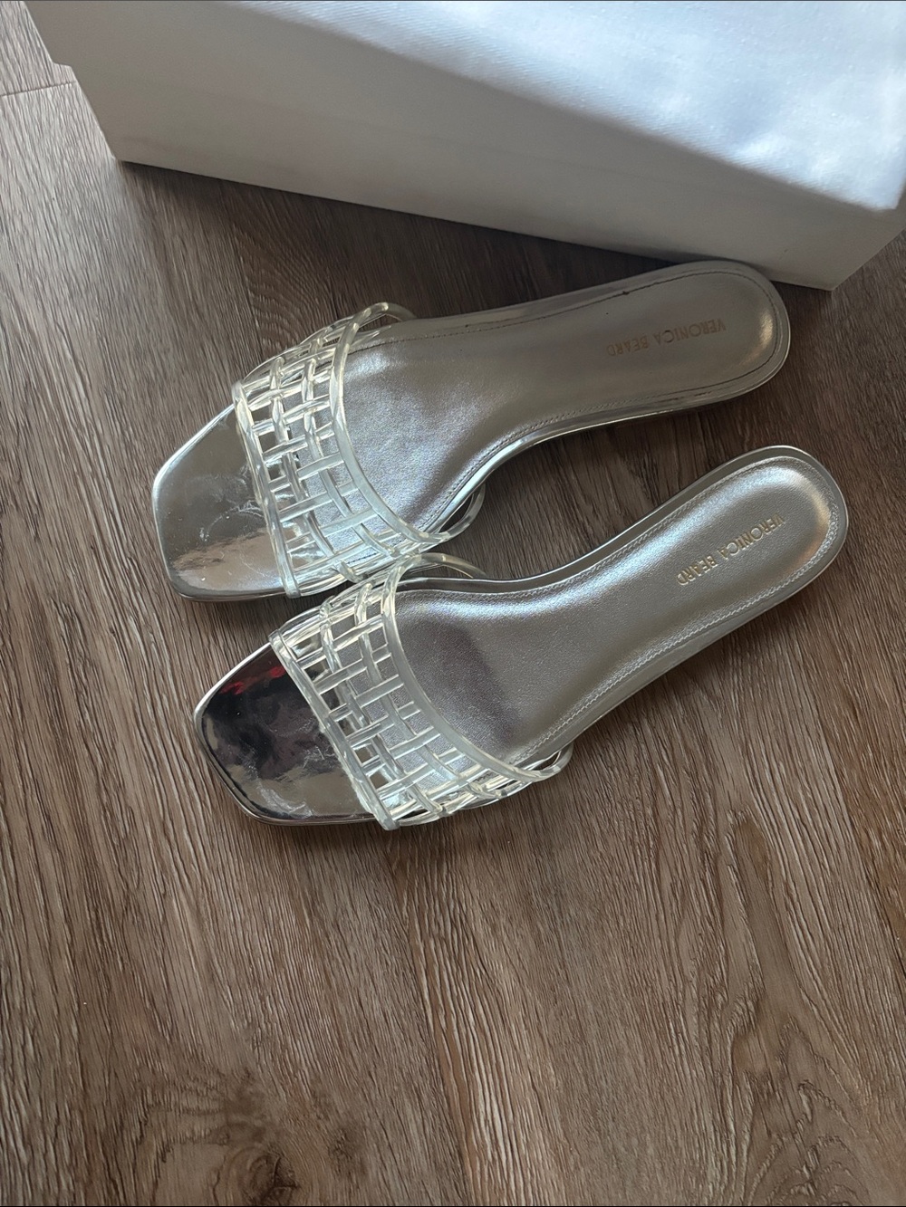 Veronica Beard Metallic Silver Woven Slide Mules